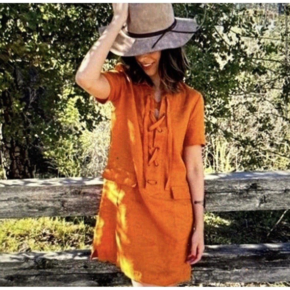 Maeve Anthropologie Orange Linen Blend Lace Up Short Sleeve Mini Dress Size 0